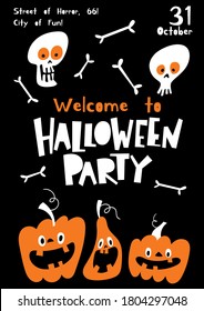 Cute style Halloween poster or card with cute funny pumpkins and symbols. Funny halloween design.