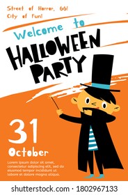 Cute style Halloween poster or invitation with cute boy character and text. Funny Halloween design.