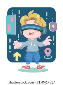 Cute style happy boy wearing virtual reality mask in metaverse cartoon illustration