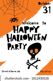 Cute style happy Halloween poster or card with cute scary symbols. Funny halloween design.