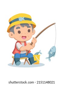 Estilo lindo feliz viejo pescador atrapando caricatura de pescado