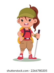 Hiker Woman estilo Cute con mochila trekking pole ilustración de caricatura