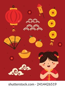 Cute Style Illustration for Chinese New Year Celebration Decoration with Girl in Traditional Chinese Costume