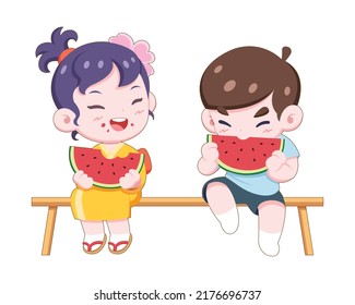 Cute style Japanese boy and girl eating watermelon cartoon illustration