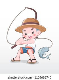 Cute style Japanese Boy with a Wood Fishing Rod illustration