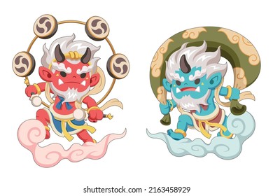 Cute style Japanese gods Raijin and Fujin cartoon illustration