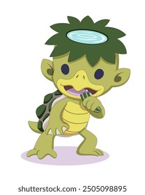 Cute style Japanese mythology folklore creature Kappa eating cucumber cartoon illustration