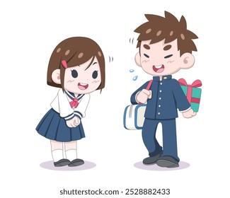 Cute style Japanese students giving gift in Valentine's Day cartoon illustration
