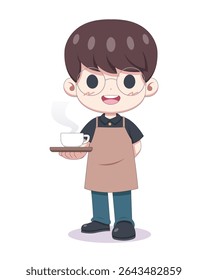 Cute style joyful barista with cup of coffee cartoon illustration