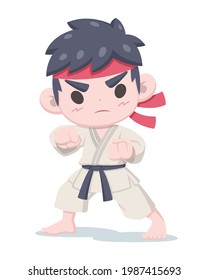 Cute style karate boy in fighting stance cartoon illustration