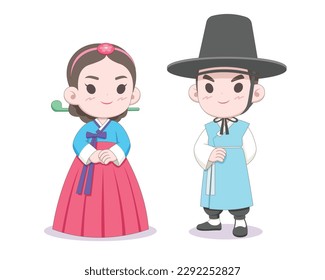 Cute style Korean couple in traditional outfit Hanbok cartoon illustration