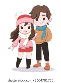 Cute style Korean couple in Winter dressing cartoon illustration