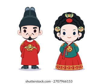 Estilo lindo coreano rey y reina Vector ilustración de dibujos animados