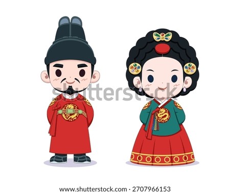 Cute style Korean king and queen vector cartoon illustration