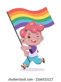 Cute style LGBT person waving pride flag cartoon illustration