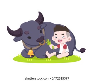 Cute style little boy feeding grass to buffalo joyfully. vector illustration