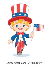 Cute style little kid waving American flag cartoon illustration