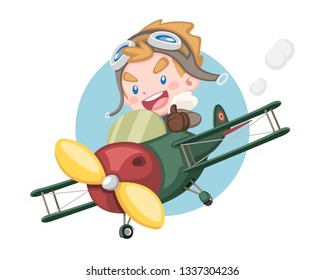 Cute style little pilot boy raising thumb riding vintage plane with circle background illustration