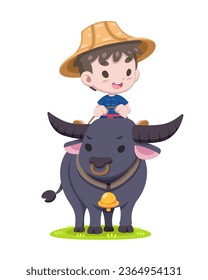 Pequeño granjero tailandés de estilo lindo montado en búfalo ilustración de caricatura