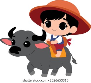 Lindos estilo pequeno agricultor tailandês montando desenho animado búfalo ilustração