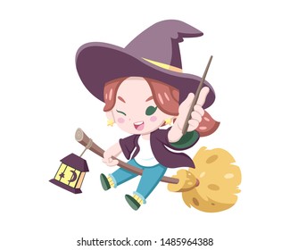 Cute style little witch levitating on a broom with lamp holding wand cartoon illustration