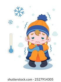 Menino de baixa temperatura estilo bonito em roupas de inverno que treme ilustração de desenho animado