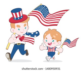 Cute style man and a boy waving USA flags, smiling to each other cartoon illustration on white background