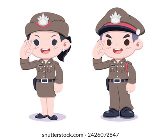 Cute style man and woman Thai police officer saluting cartoon illustration