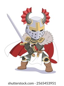 Cute style middle ages Teutonic knight with sword cartoon illustration