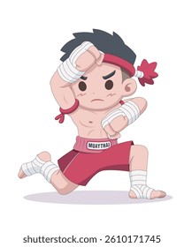 Cute style Muay Thai fighter performing Wai Kru cartoon illustration