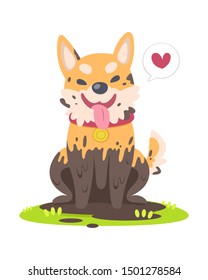 Cute style muddy happy dog sitting on grass floor cartoon vector illustration 