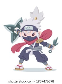 Cute style Ninja in fighting stance cartoon illustration