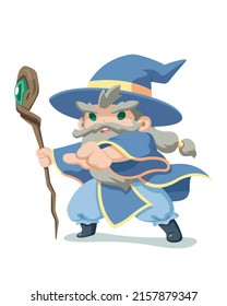 Cute style old sorcerer casting spell cartoon illustration
