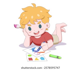 Cute style prone kid doing art on paper happily cartoon illustration