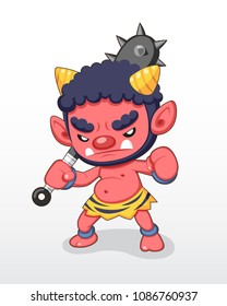 Cute Style Red Japanese Two Horns Demon Standing Illustration 