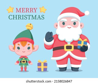 Cute style Santa Claus and Christmas elf greeting cartoon illustration