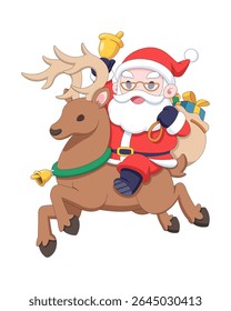 Cute style Santa Claus riding reindeer carrying gifts cartoon illustration