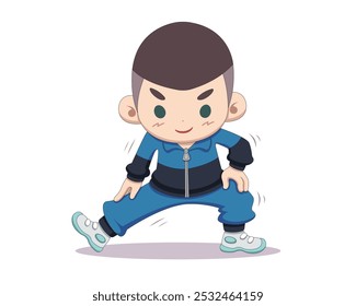 Cute style sweatsuit boy doing dynamic stretching cartoon illustration