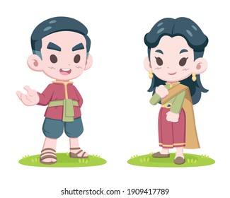 Cute style Thai couple in traditional dress cartoon illustration