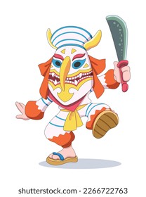 Cute style Thai cultural Phi Ta Khon sword dancing cartoon illustration