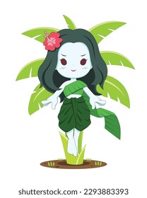 Cute style Thai ghost lady Tanee floating near banana tree cartoon illustration