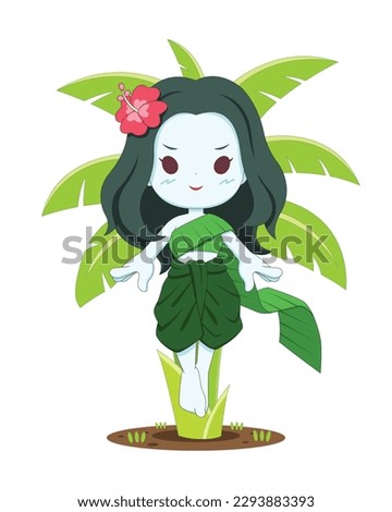 Cute style Thai ghost lady Tanee floating near banana tree cartoon illustration