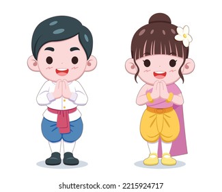 Cute style Thai kids in traditional costume sawasdee cartoon vector illustration