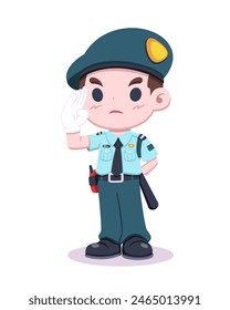Cute estilo tailandés guardia de seguridad en uniforme azul saludando ilustración de dibujos animados