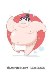 Cute style tired chubby sumo running with red circle background illustration 