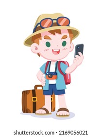 Cute style tourist looking at smartphone cartoon illustration