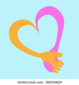 Cute style of two hand holding together in heart shape,Handshake with different tone pink and orange color and space for add text in the center 