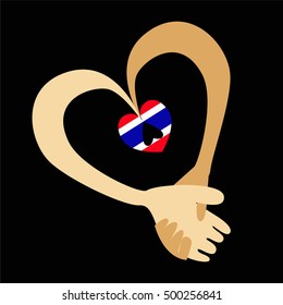 Cute style of two hand holding together in heart shape and little heart inside with thailand flag color on black background