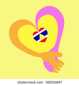 Cute style of two hand holding together in heart shape and little heart inside with thailand flag color on yellow background