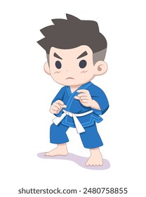 Cute style white belt Judo athlete in fighting pose cartoon illustration